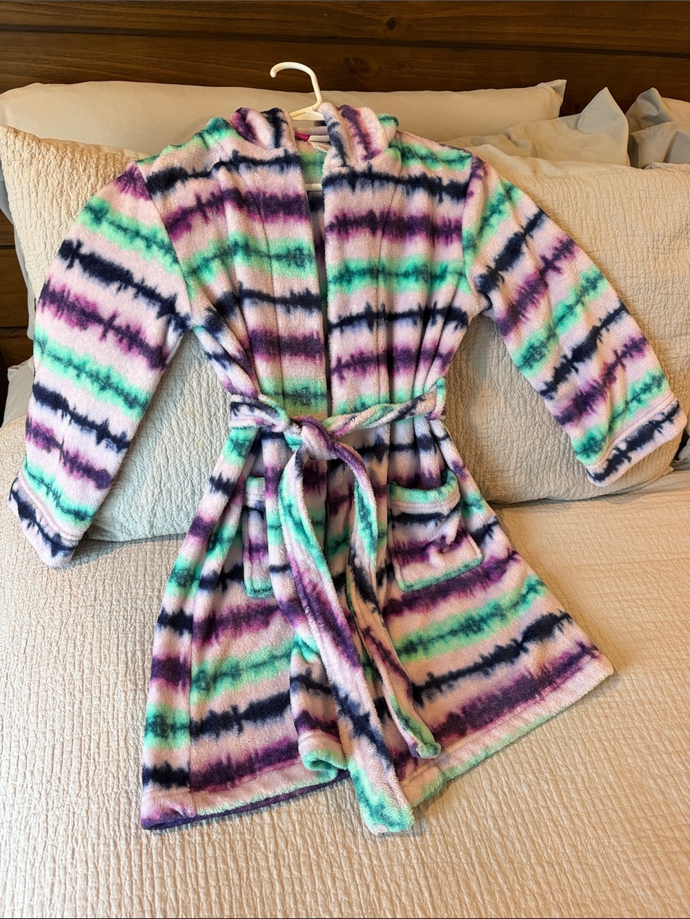 Cat & Jack Plush Hooded Kids Robe in Purple, Teal & Navy Stripe